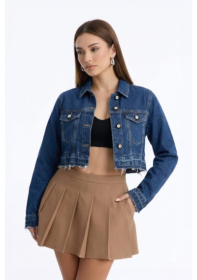 Kadın Püsküllü Crop Jean Ceket mavi