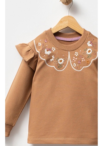 Overdo Kids Fırfırlı Yakası Çiçek Nakışlı 2 İplik Uzun Kol Kız Çocuk Sweatshirt Kahverengi