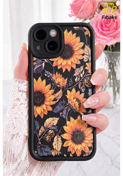 Fibaks iPhone 13/14 Uyumlu Kılıf Yumuşak Dokulu Ayçiçeği Desenli Yumuşak Kamera Korumalı Silikon Kapak