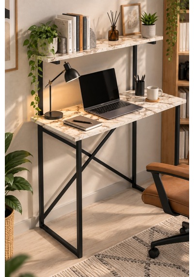 Sulorahome Beyaz Raflı Çalışma Masası Bej Mermer