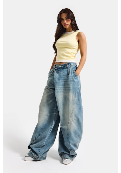 it's basic  Kadın Kot Rengi 4s6-32 Süper Baggy Fit Kemer Detaylı Özel Tasarım Denim Jean Mavi