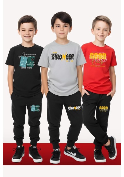 Fyk Kids Erkek Çocuk 3'lü Set The Moon-good Yazı Baskılı Yazlık Alt-üst Takım Çok Renkli