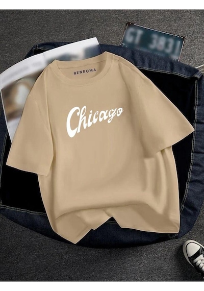 Oversıze Chicago Baskılı Unısex Tisort Baskılı Bej