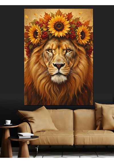 Ahşap Tablo Çiçek Şapkalı Aslan