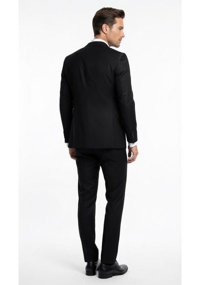Erkek Klasik Slim Fit Takım Elbise Notch Yaka, Yaka Punto Dikişli, Tek Düğmeli, Çift Yırtmaçlı Siyah