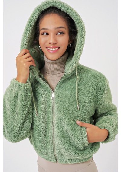 Bigdart 5193 Kapüşonlu Peluş Crop Ceket - E. Yeşil