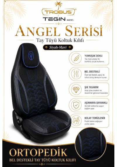 Seat Leon 2005 Ve Sonrası Uyumlu Angel Serisi Tay Tüyü Koltuk Kılıfı Siyah Mavi