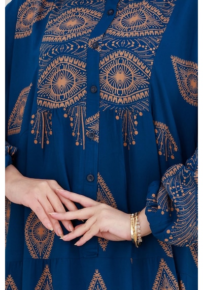 Sevitli Yarım Düğmeli Robalı Hira Elbise-indigo-4939 İndigo