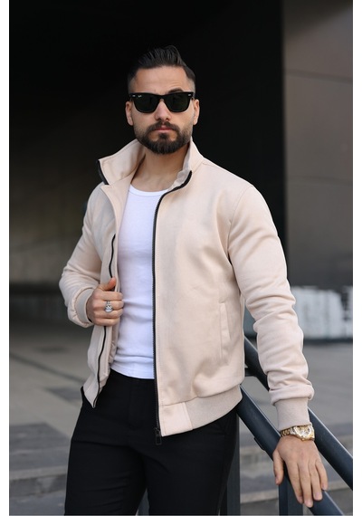 Baselco Dik Yaka Slim Fit Mevsimlik Astarlı Süet Ceket Krem