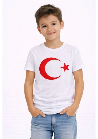 Erkek Çocuk Tişört Bisiklet Yaka Ay Yıldız Bayrak Baskılı T-shirt - Beyaz Çok Renkli