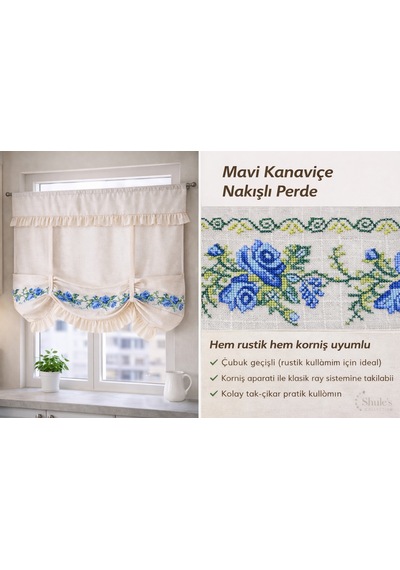Bağlama Detaylı Romantik Ege Mavi Gül Kanaviçe Nakışlı Buldan Keten Perde %100 Pamuk Buldan Kumaşı Çok Renkli