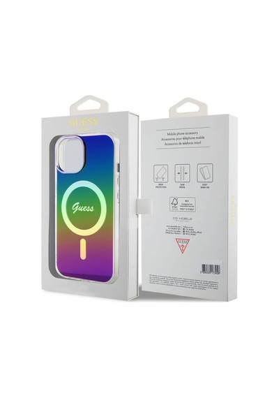 Apple Uyumlu iPhone 15 Plus Kılıf Guess Lisanslı Magsafe Şarj Özellik Yazı Logolu Iridescent