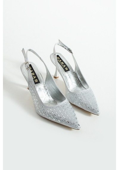 Dabab Shoes Merıa Kadın Gümüş 7 Cm Sivri Burun Kristal Taş İşlemeli Slingback Topuklu Ayakkabı