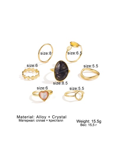 Passion Gold Altın Renkli Siyah Taşlı Vintage Bohem 6 Parça 6'lı Yüzük Seti Koyu Gri