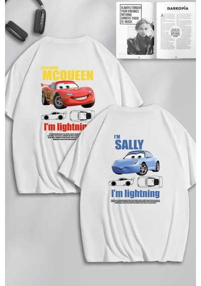 Unisex Kadın Erkek Şimşek Mcqueen & Sally Sırt Baskılı Sevgili Çift Kombini Tasarım Oversize Tshirt Beyaz Mck0473 Beyaz