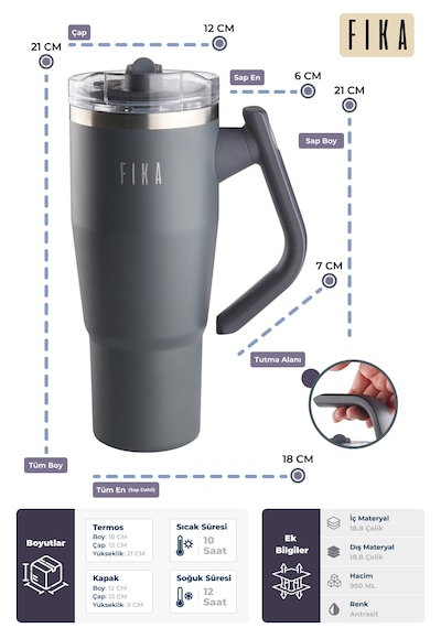 Fika Lumi Patentli Döner Kulplu Sızdırmaz Çift Ağızlıklı Çelik Termos 950 Ml Antrasit