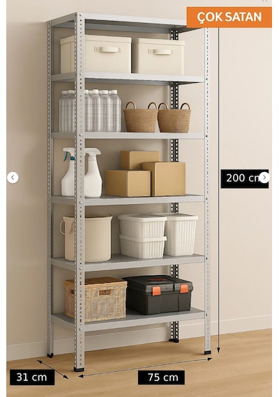 6 Katlı Galvaniz Çelik Raf - Depo, Arşiv, Kiler, Dosya, Market Rafı 31x75 Cm-200 Cm-0.70 Mm Gri