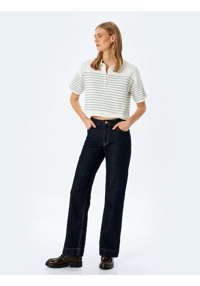 Koton Düğmeli Çizgili Oversize Polo Yaka İnce Triko Kazak Lacivert Çizgili 5sak90007ht 7s2 Çok Renkli