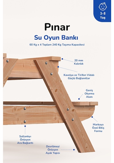 Ovlo Çocuk Su Havuzlu Etkinlik Masası 3-8 Yaş 4 Kişilik Pınar Naturel