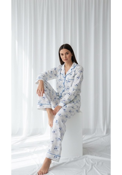 Divinus Tavşan Desenli Gömlek Yakalı Beyaz/mavi Kadın Pijama Takımı Beyaz - Mavi