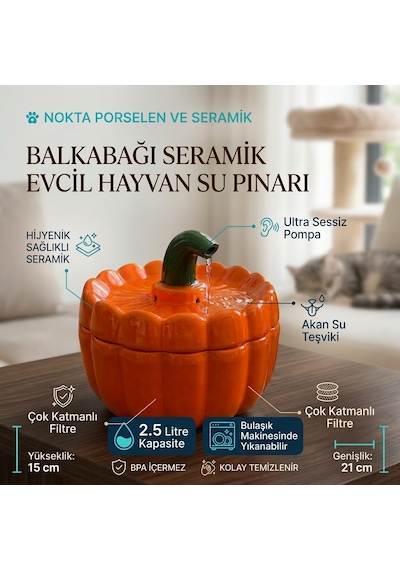 Otomatik Seramik Kedi Su Pınarı 2.5 Lt Seramik Su Çeşmesi Seramik Su Sebili Sessiz Pompa, 3 Katmanlı Filtre, Büyük Boy, Makinada Yıkamaya Uygun, Kolay Temizlik