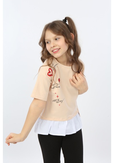 Toontoy Kids Toontoy Kız Çocuk Cool And Fancy Yazılı Kalp Baskılı Tişört Bej