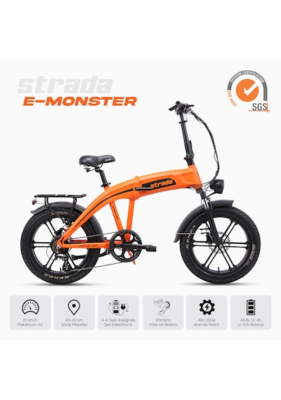Stradacycles E-monster 20 Jant Katlanabilir Yüksek Torklu Elektrikli Bisiklet Turuncu