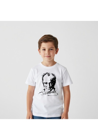 Westicgiyim Atatürk Baskılı Çocuk Tişört Unisex Pamuklu Kısa Kollu Tişört Beyaz