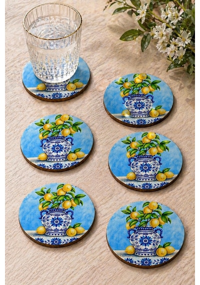 Limonlu Biblo Motifli Bardak Altlığı 6 Lı Set Sicilya 9 Cm Mdf Çok Renkli