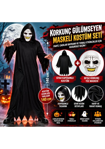 Storeşahin Korkunç Gülümseyen Maskeli Siyah Kapüşonlu Kostüm Seti 140 Cm Shn0720 Diğer