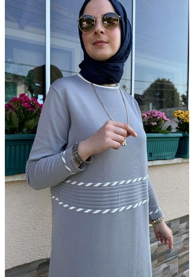 Rabia Şamlı Samanyolu Gri Triko Elbise Normal