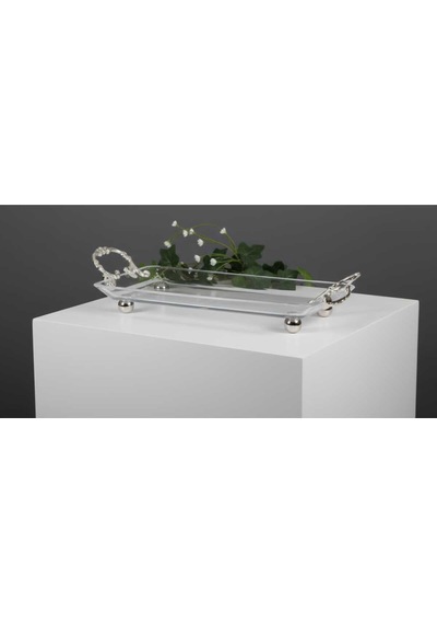 Çnr Home Collection Metal Kulplu Kristal Servis Tabaği Gümüş Gümüş