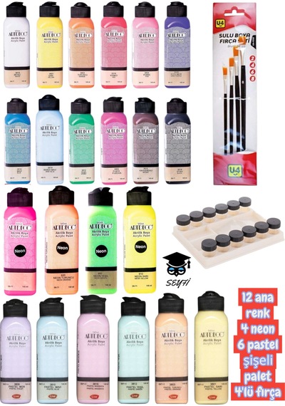140 Ml Akrilik Boya Seti 12 Ana Renk 4 Neon 6 Pastel Şişeli Palet 4'lü Fırça Artdeco 0000 Naturel