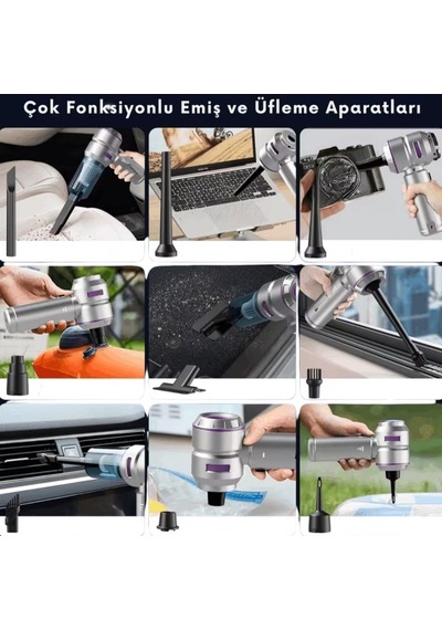9 Farklı Uçlu Kablosuz Şarjlı Araç İçi Süpürge Wireless Destekli, Güçlü Emiş, Taşınabilir Pratik Ara Diğer