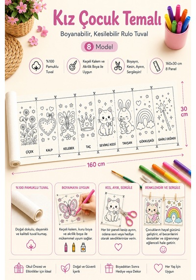 Boyanabilir Kesilebilir Rulo Tuval Kız Çocuk Temalı 8 Model Boyama Seti 160x30 Cm