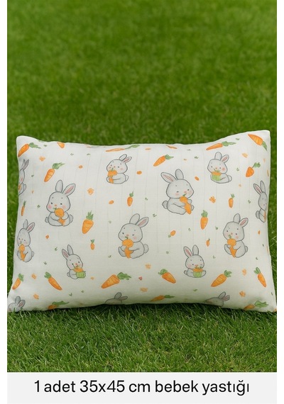 More Home Müslin Bebek Yastık Kılıfı Kapaklı 35x45 Havuç Yiyen Tavşan Çok Renkli