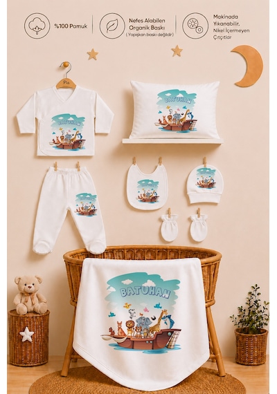 Pia Baby Erkek Bebek Yeni Doğan Hastane Çıkışı 11 Parça İsimli %100 Pamuk Organik Baskılı Set 2026110x Ekru