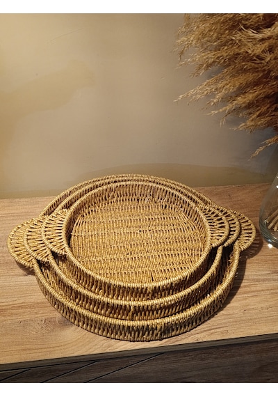 3 Boy Hasır Rattan Örme Tepsi Bambu Kulplu Diğer
