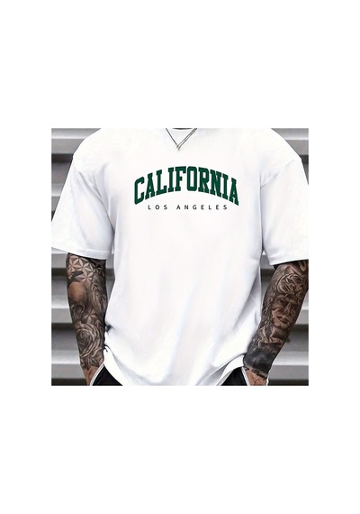 Caddemia Yaz Rahat Spor Gevşek Büyük California Mektup Baskılı Rahat Yuvarlak Boyun Beyaz 2XL
