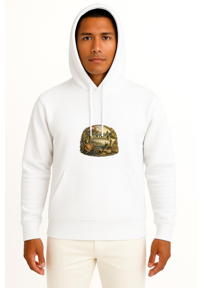 Bahriyeli Collection Kapüşonlu Bilecik Göğüs Baskılı Unisex Sweatshirt Beyaz