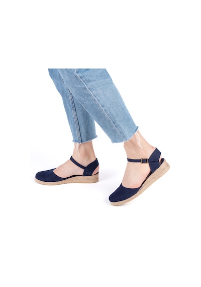 Star Tombis Gerçek Elişi Topuğu Açık Bilekten Bantlı 3cm Dolgu Topuk Keten Hasır Espadril Handmade Lacivert