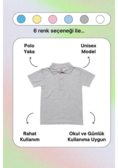 Gri Kısa Kol Düz Renk Yakalı 6-17 Yaş Çocuk Okul Lakos Tişört Polo Yaka T-shirt Gri