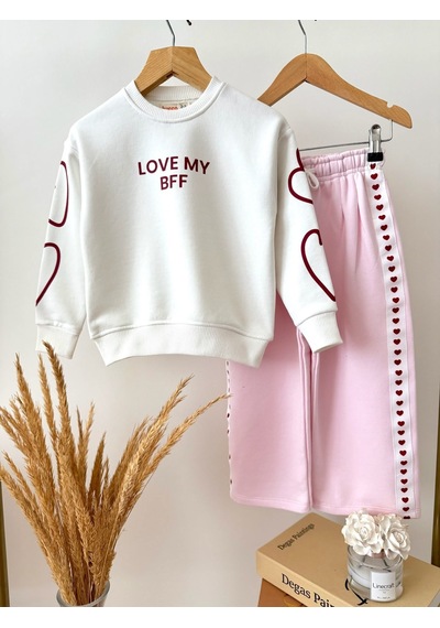 Magu Kız Çocuk Pamuklu Kalp Detaylı Ekru Sweatshirt Ve Pembe Pantolon Takımı Çok Renkli