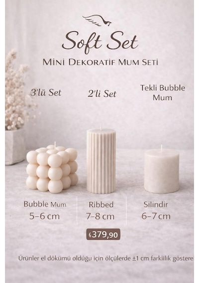 Evcikuş Soft Set 3'lü Dekoratif Mum Seti, Bubble Ribbed Ve Silindir Mum, Minimal Tasarım Hediye Seti Çok Renkli