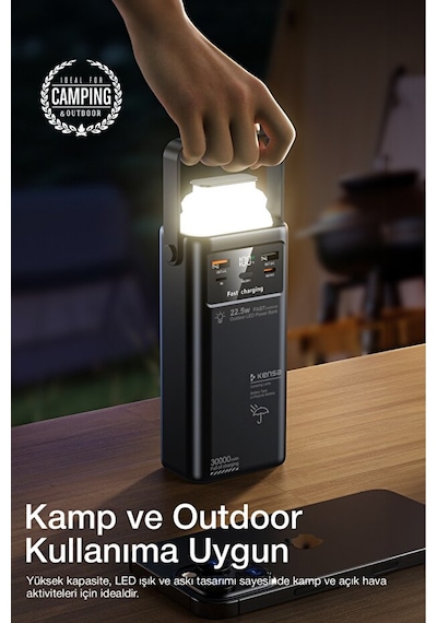 30.000 Mah Outdoor Led Işıklı Hızlı Şarj Powerbank Usb-c & Çoklu Cihaz Desteği siyah