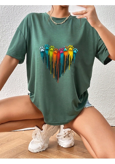 Unisex Sevimli Kedi Patili Kalp Tasarım Basklı Tshirt Yeşil Unisex Sevimli Kedi Patili Kalp Tasarım Basklı Tshirt Yeşil