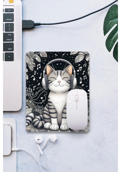 Sonictouch Müzik Sever Kedi Temalı Pürüzsüz Yüzey Kaymaz Taban Dikişsiz Kenar Gamer Oyuncu Mouse Pad Mousepad