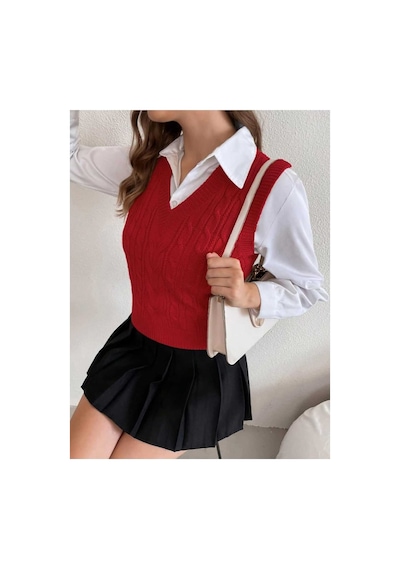Youknitwear You Cameron %100 Pamuk V Yaka Kadın Süveter Kırmızı