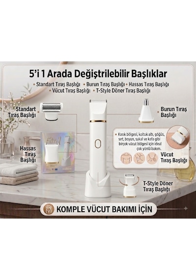 Wablow Yüz Saç Vücut IPX7 Su Geçirmez Seramik Bıçak Şarj Standl Vücut Tıraş Makinesi Series 5+1 Seti