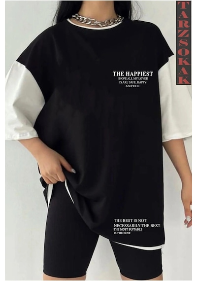Startmore Siyah Oversize Çift Renk Happiest Yazı Baskılı Unisex Tshirt Beyaz